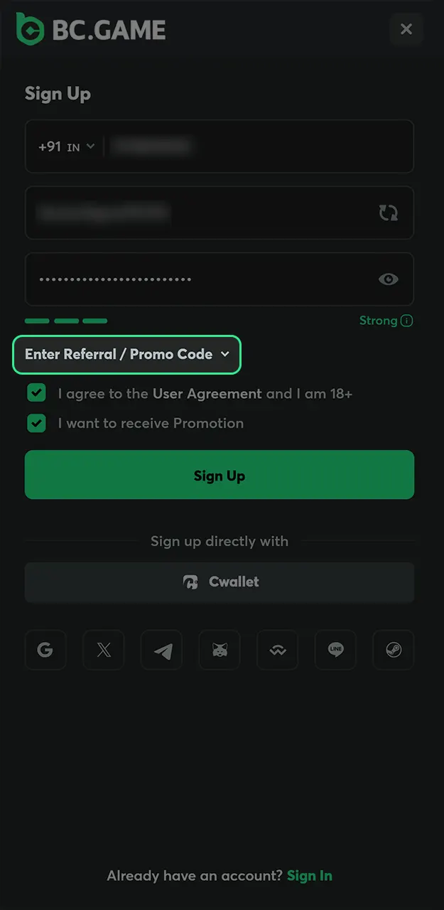 Input an active BC Game promo code to unlock exclusive welcome rewards.